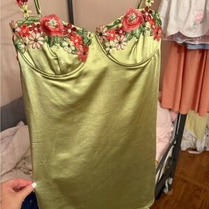 The Vintage Shop Olive Satin Slip with Pink & Coral Floral Embroidery